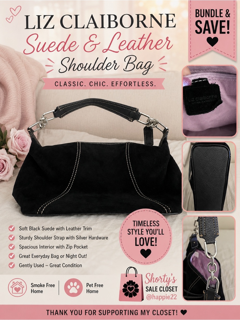 Liz Claiborne Black Suede & Leather Trim Shoulder Bag